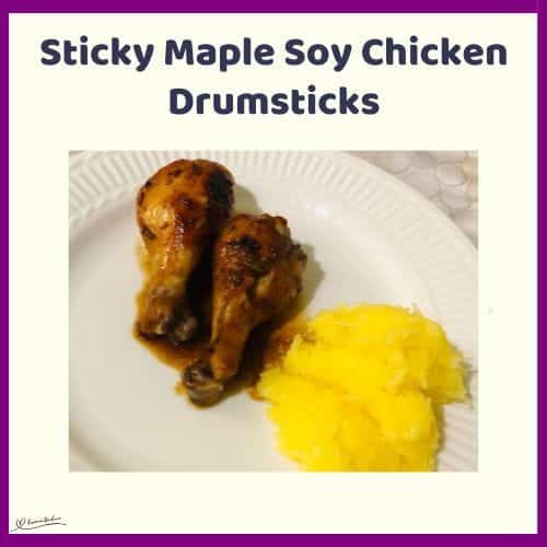 An image of Sticky Maple Soy Chicken Drumsticks with spaghetti squash on the side
