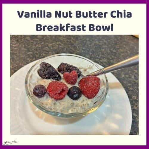 An image of a small glass bowl with Vanilla Nut Butter Chia Breakfast Bowl and topped with berries
