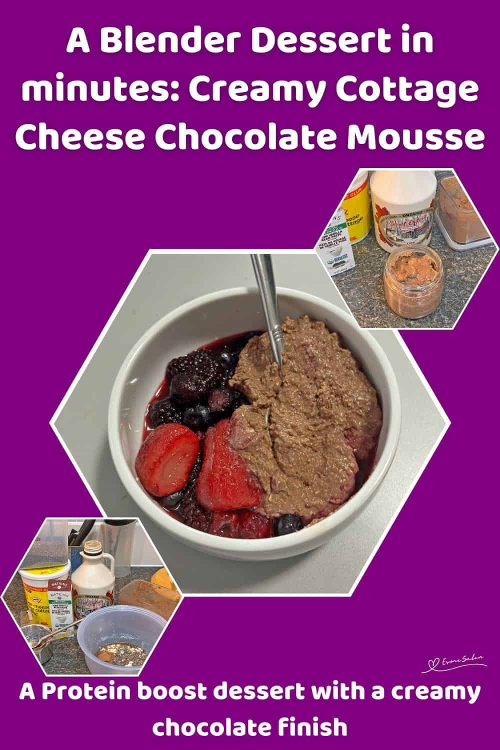 An image of a white bowl with Creamy Cottage Cheese Chocolate Mousse and a variety of berries