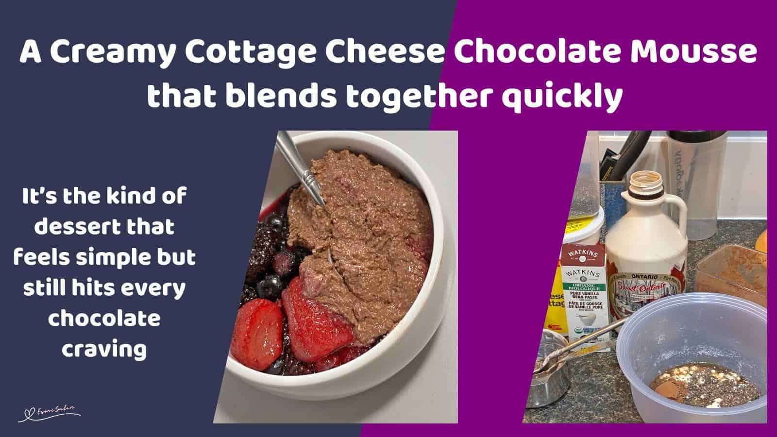 An image of a white bowl with Creamy Cottage Cheese Chocolate Mousse and a variety of berries