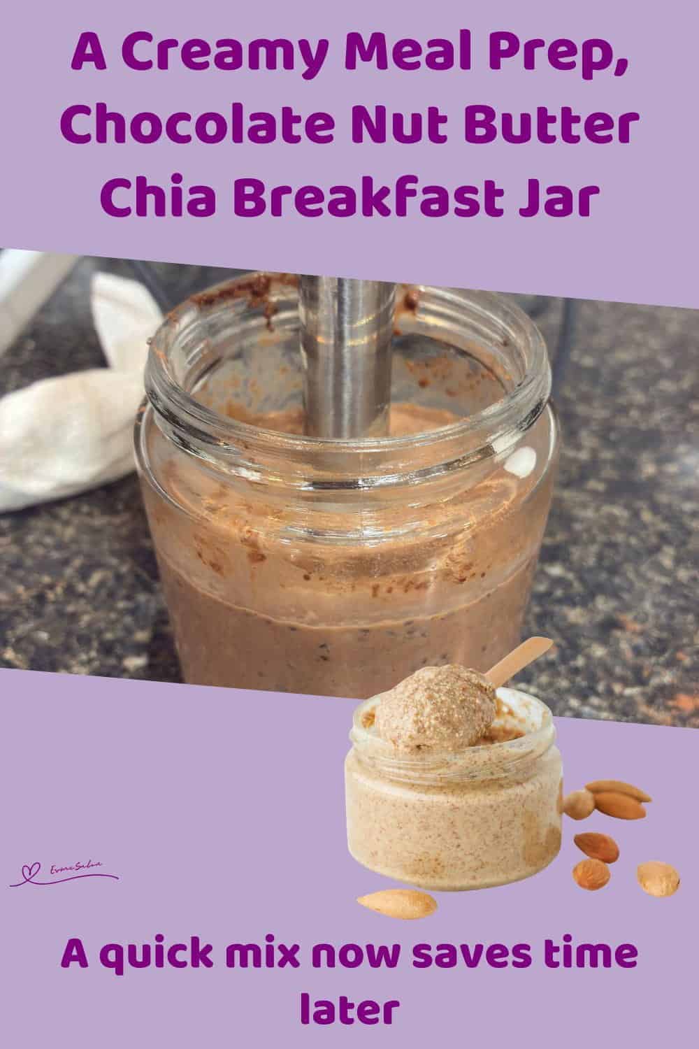 An image of Chocolate Peanut Butter Chia Breakfast Jar with 3 slices of peach