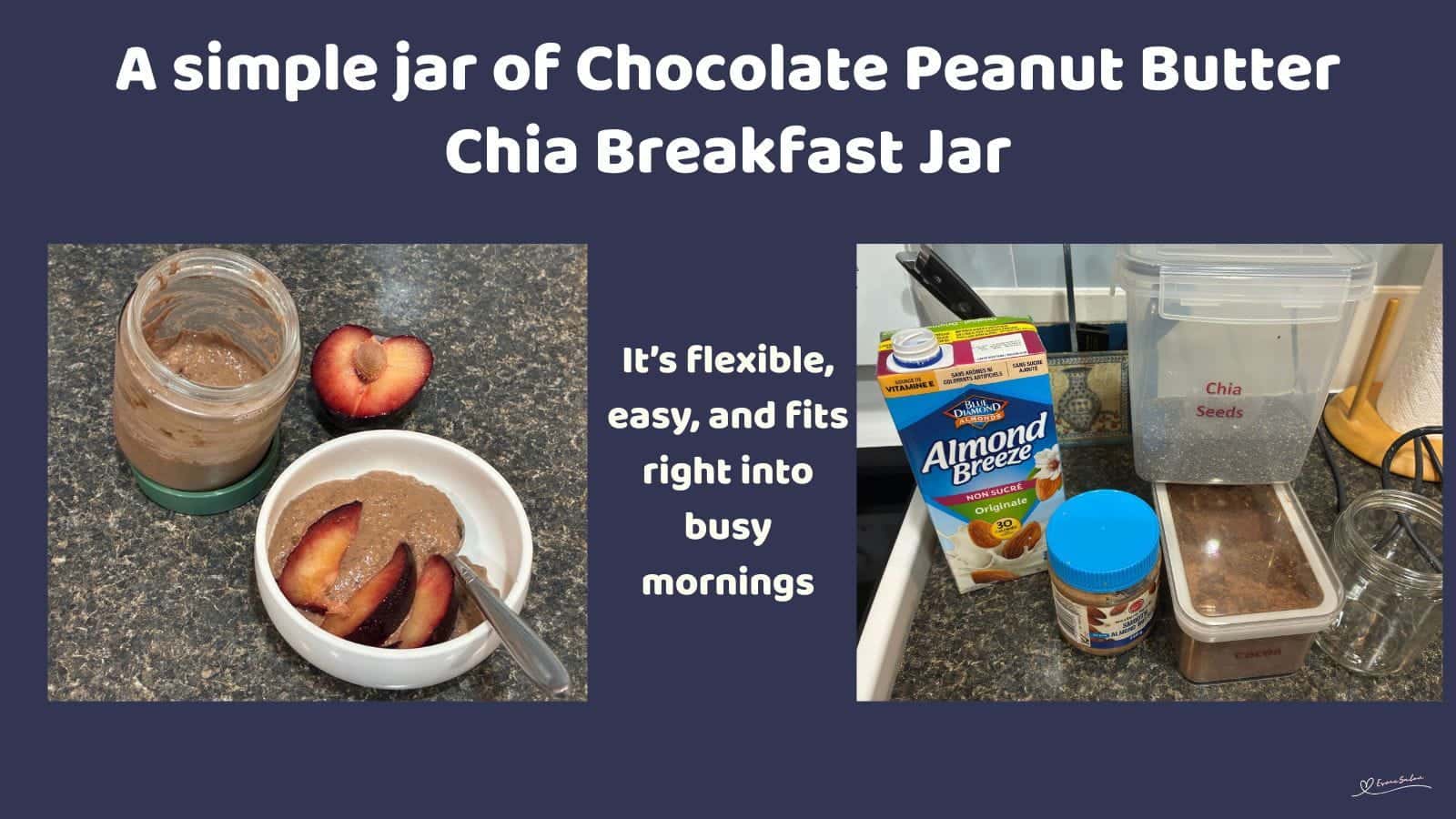 An image of Chocolate Peanut Butter Chia Breakfast Jar with 3 slices of peach