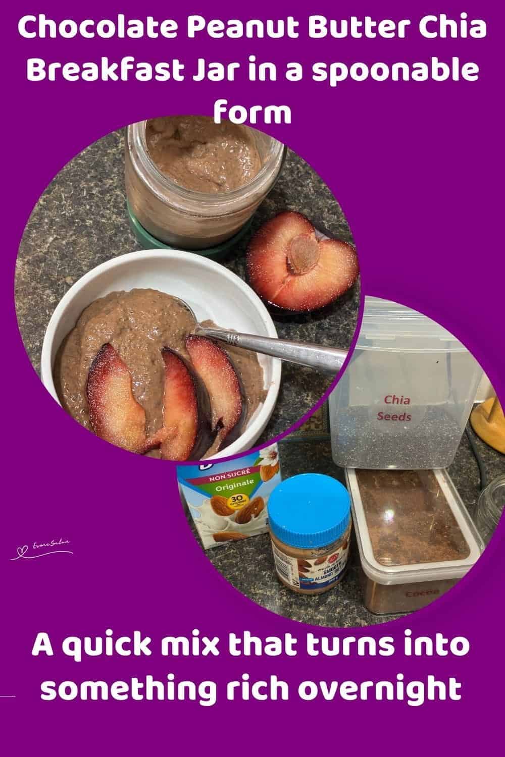 An image of Chocolate Peanut Butter Chia Breakfast Jar with 3 slices of peach
