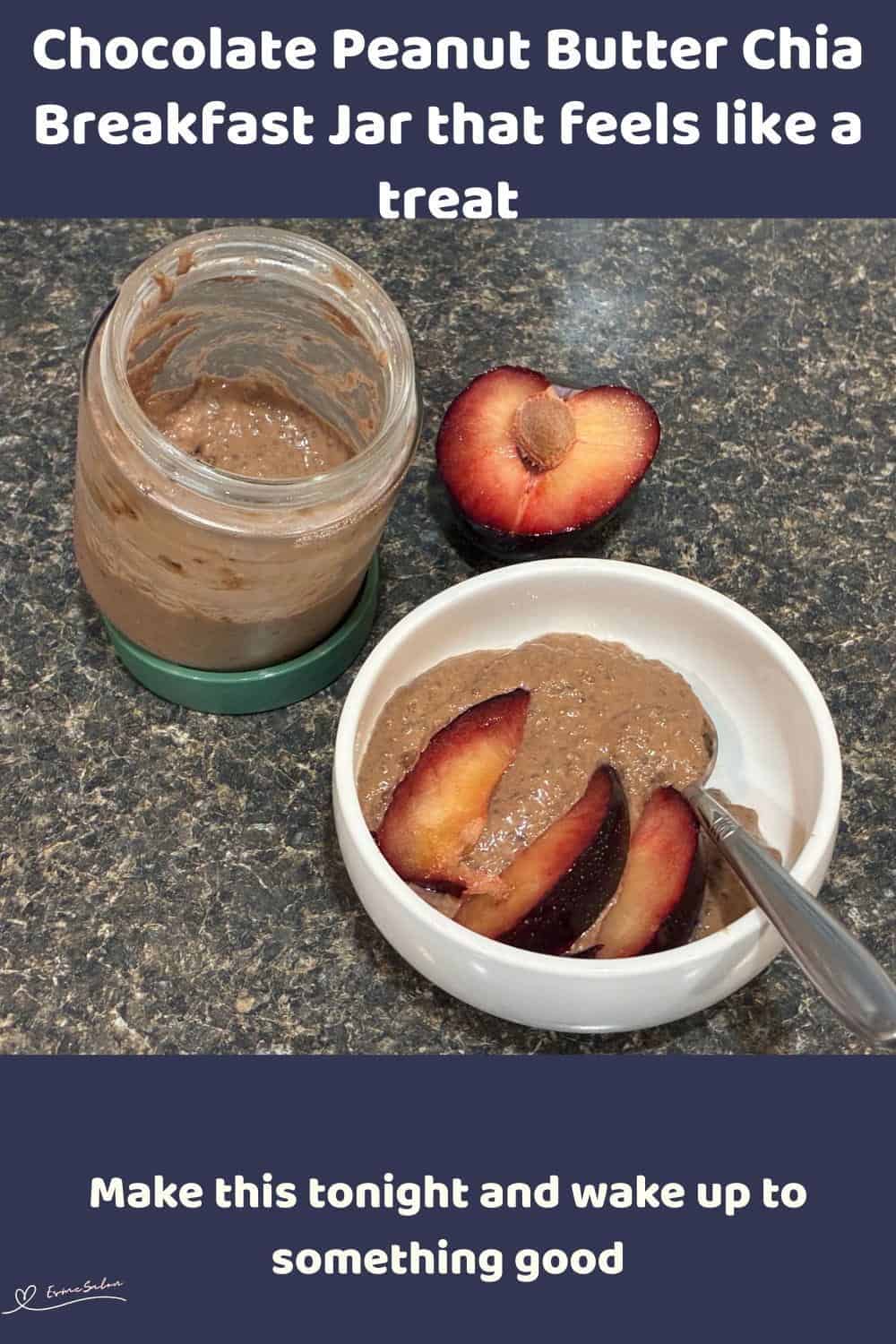 An image of Chocolate Peanut Butter Chia Breakfast Jar with 3 slices of peach