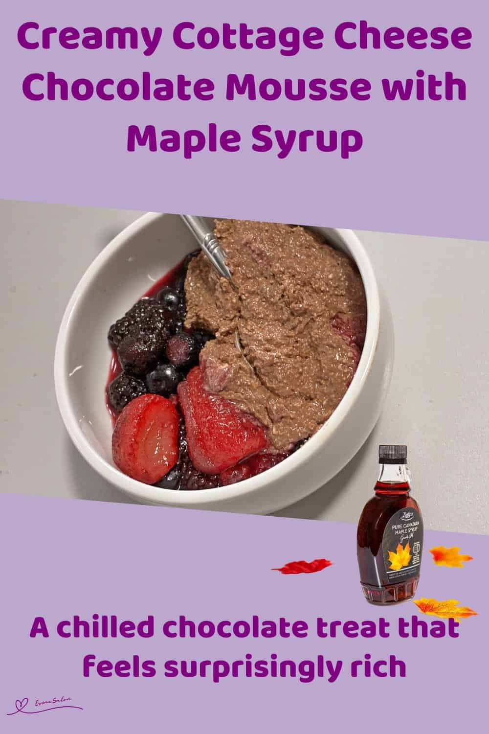 An image of a white bowl with Creamy Cottage Cheese Chocolate Mousse and a variety of berries