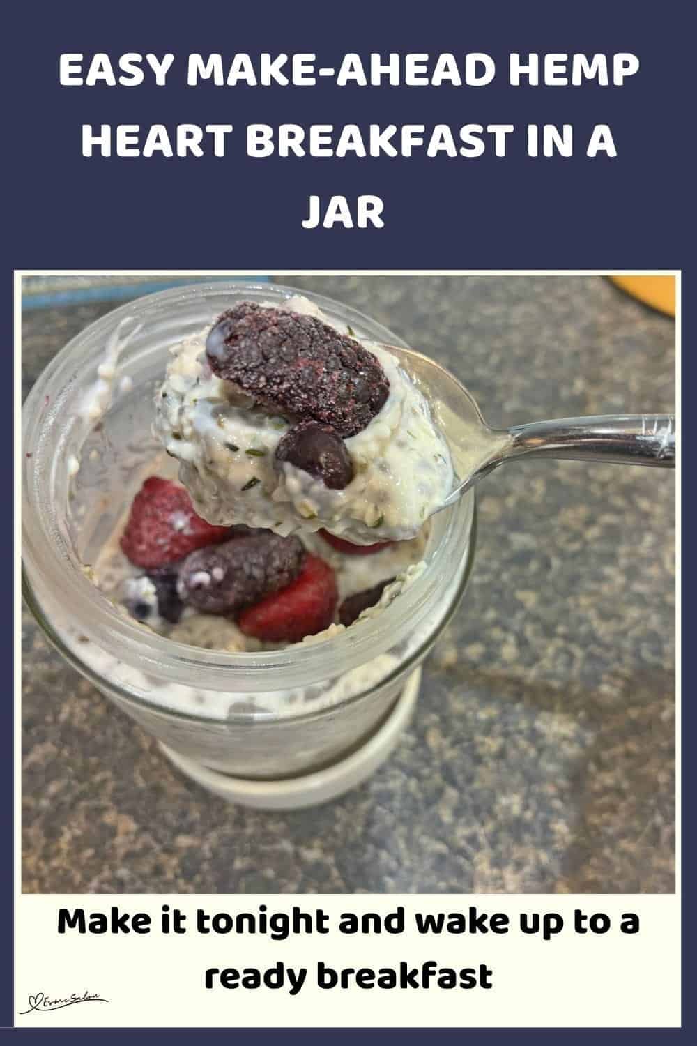 An image of a Hemp Heart Breakfast in a Jar topped with berries