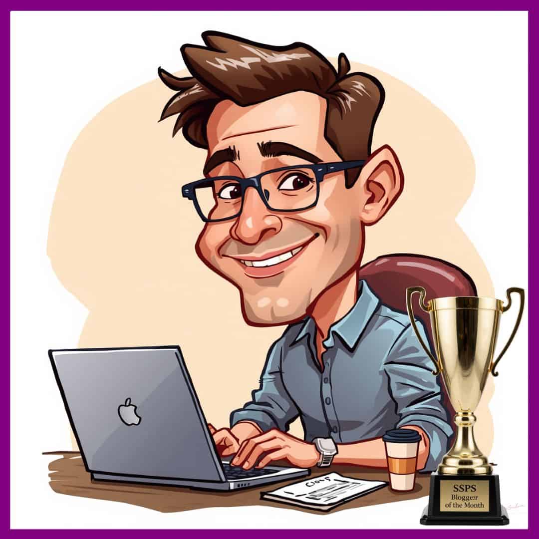 A caricature of a Male Blogger with a laptop, cup of coffee