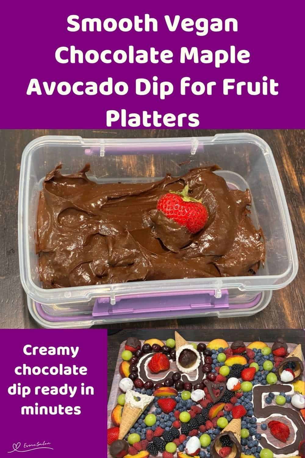 An image of a Vegan Chocolate Maple Avocado Dip in a plastic container with a dipped strawberry