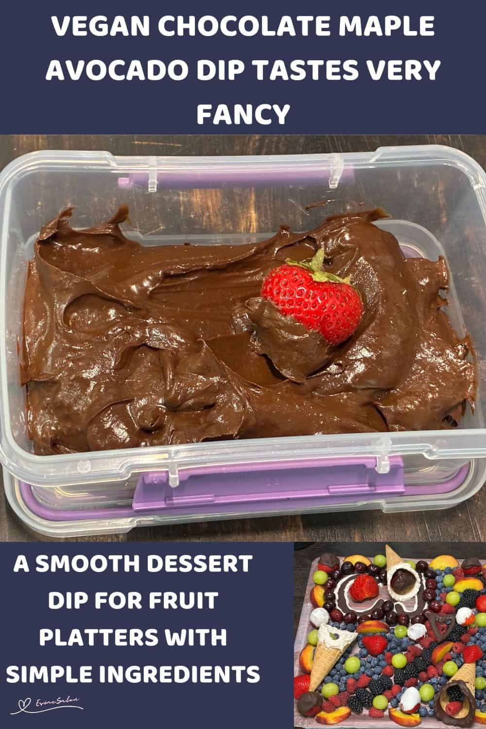 An image of a Vegan Chocolate Maple Avocado Dip in a plastic container with a dipped strawberry