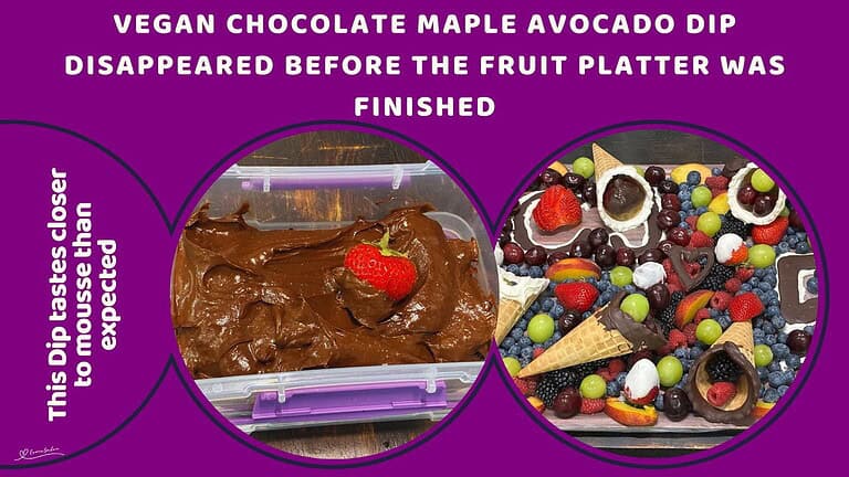 An image of a Vegan Chocolate Maple Avocado Dip in a plastic container with a dipped strawberry