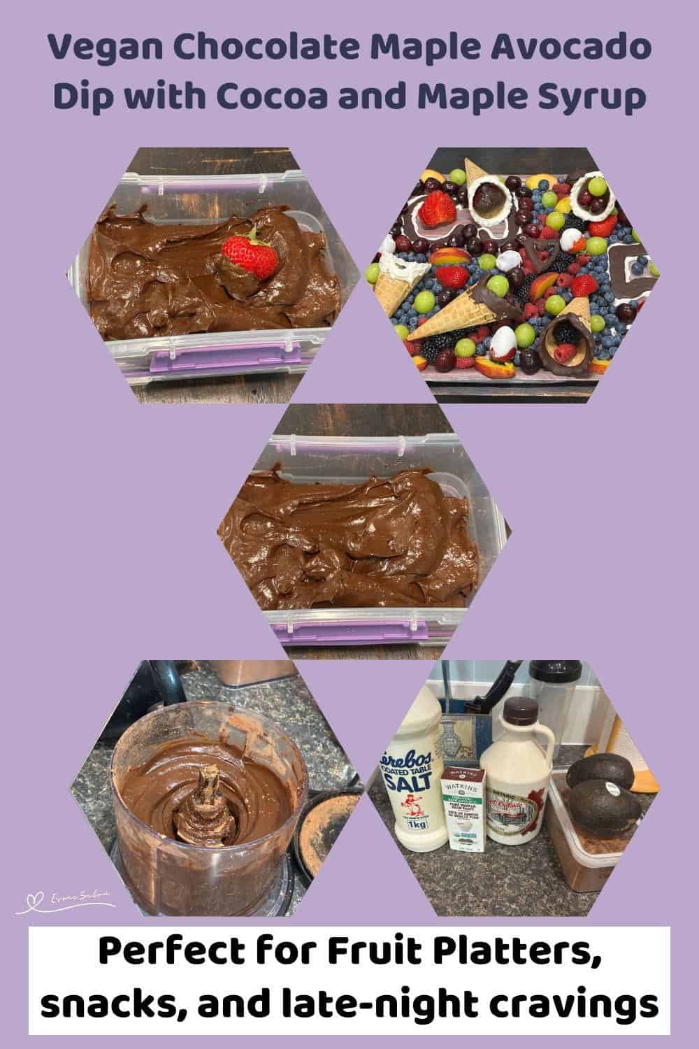 An image of a Vegan Chocolate Maple Avocado Dip in a plastic container with a dipped strawberry