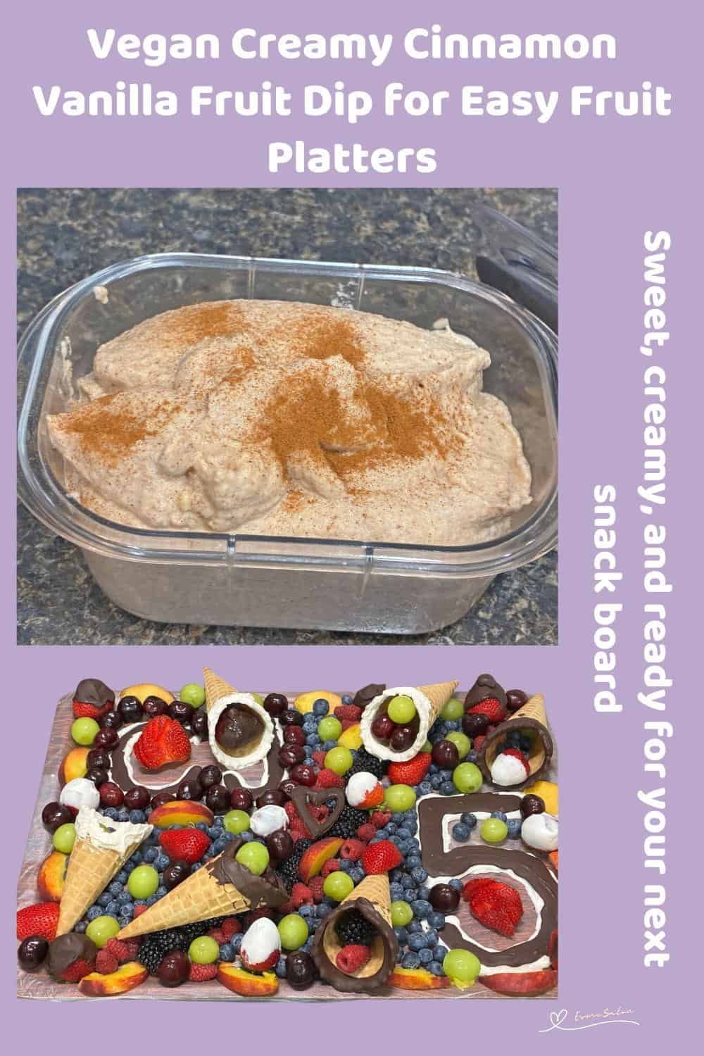 An image of a small plastic container filled with Vegan Creamy Cinnamon Vanilla Fruit Dip with 3 cherries in the one corner