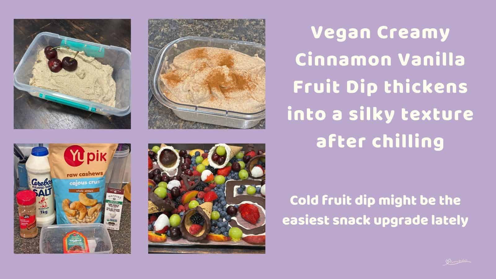 An image of a small plastic container filled with Vegan Creamy Cinnamon Vanilla Fruit Dip with 3 cherries in the one corner