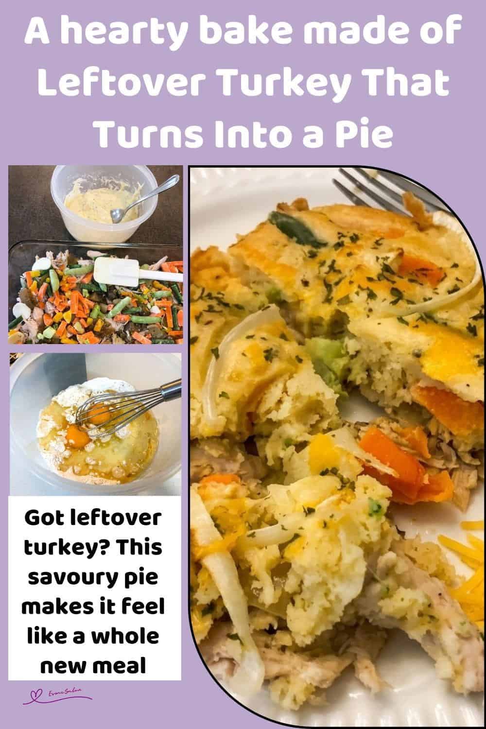 An image of Leftover Turkey with soft, spreadable dough to cover the pie and loads of veggies, onions, mushrooms and shredded cheese