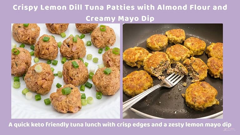An image of Keto-friendly Crispy Lemon Dill Tuna Patties with almond flour, psyllium husk powder, fresh dill and scallions