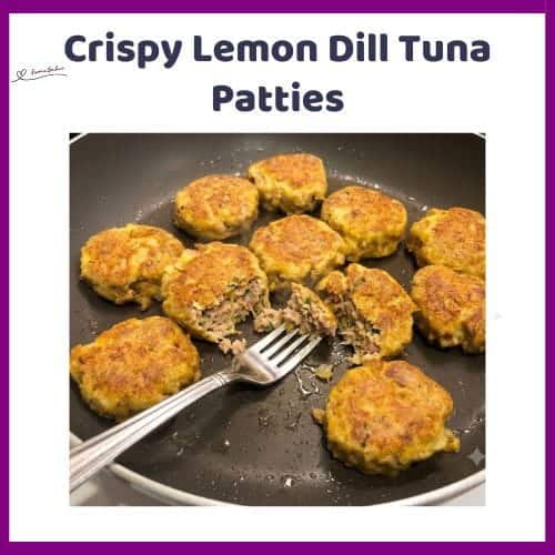 An image of Keto-friendly Crispy Lemon Dill Tuna Patties with almond flour, psyllium husk powder, fresh dill and scallions