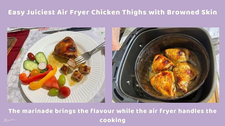 An image of a plate of Juiciest Air Fryer Chicken Thighs with a side of salad