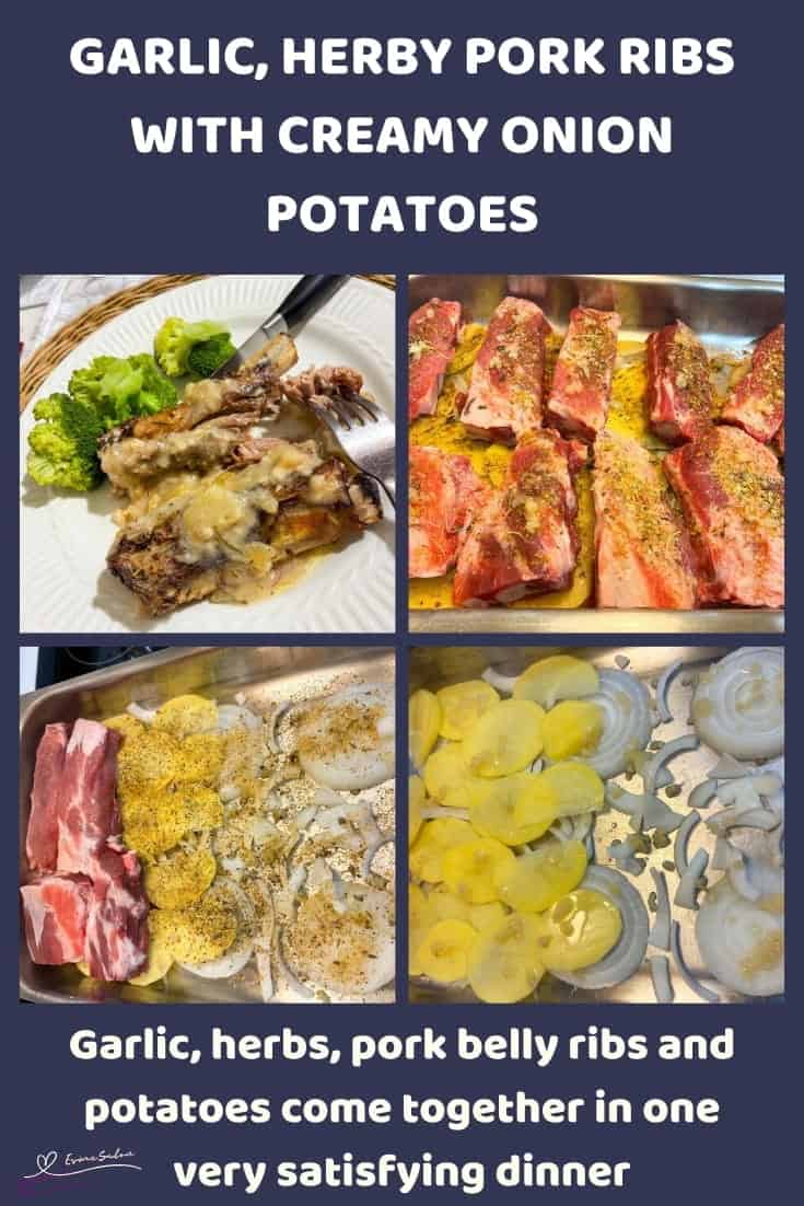 An image of pork ribs with Creamy Onion Potatoes in the making and served with broccoli