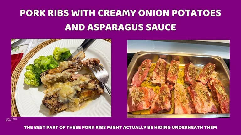 An image of pork ribs with Creamy Onion Potatoes in the making and served with broccoli