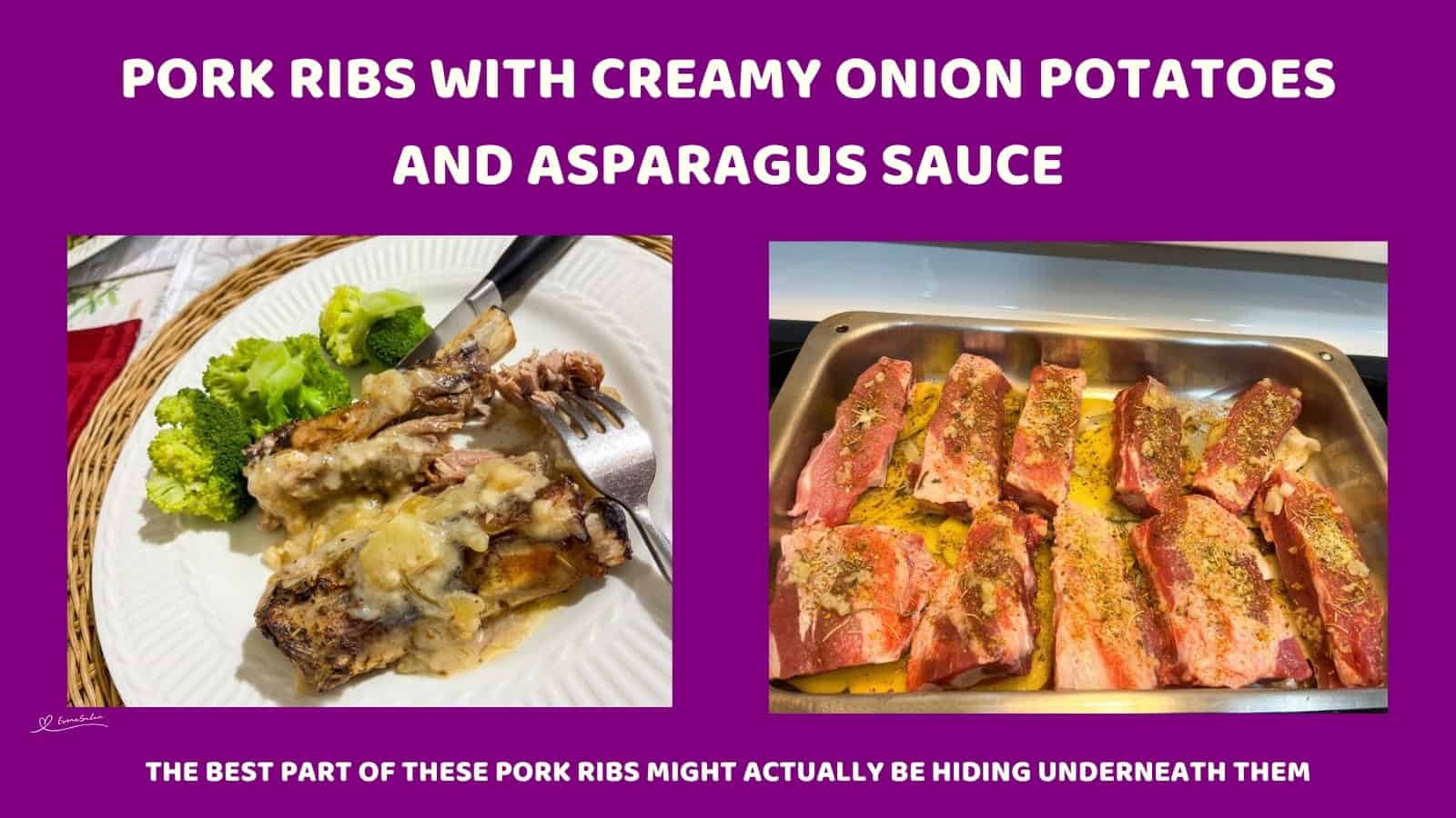 An image of pork ribs with Creamy Onion Potatoes in the making and served with broccoli
