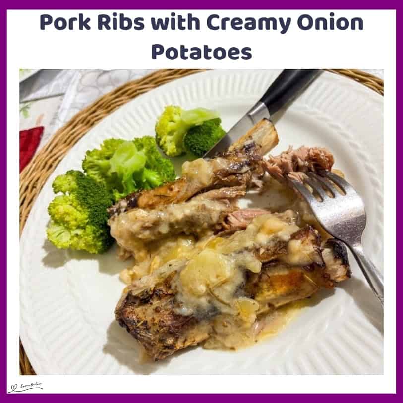 An image of pork ribs with Creamy Onion Potatoes in the making and served with broccoli