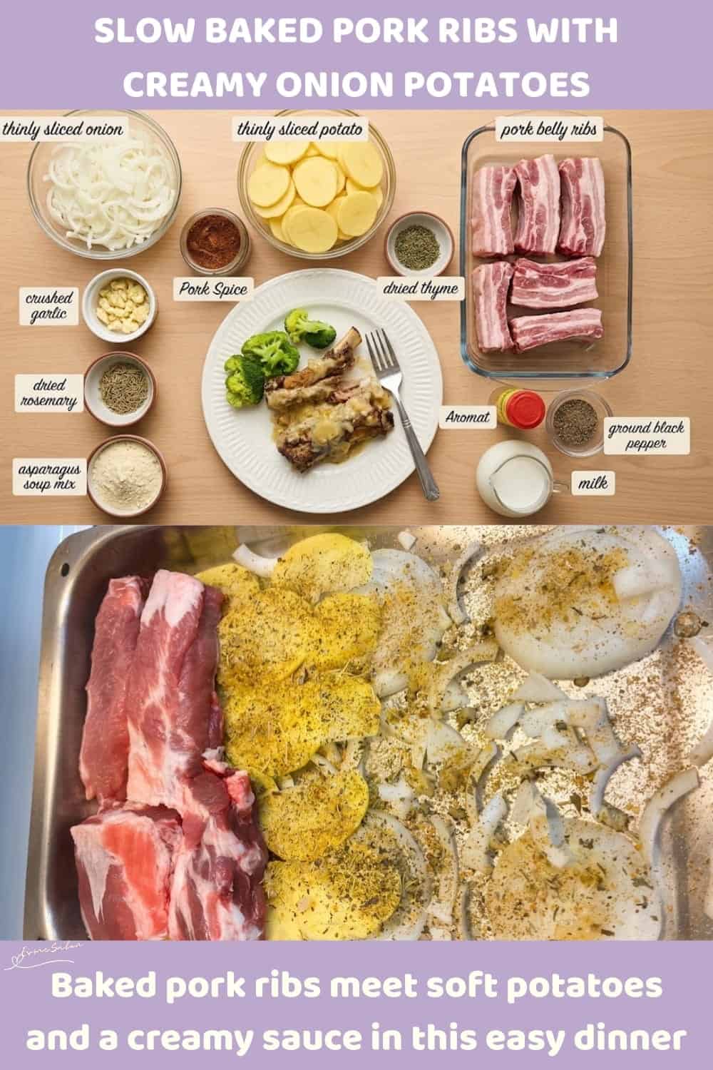 An image of pork ribs with Creamy Onion Potatoes in the making and served with broccoli
