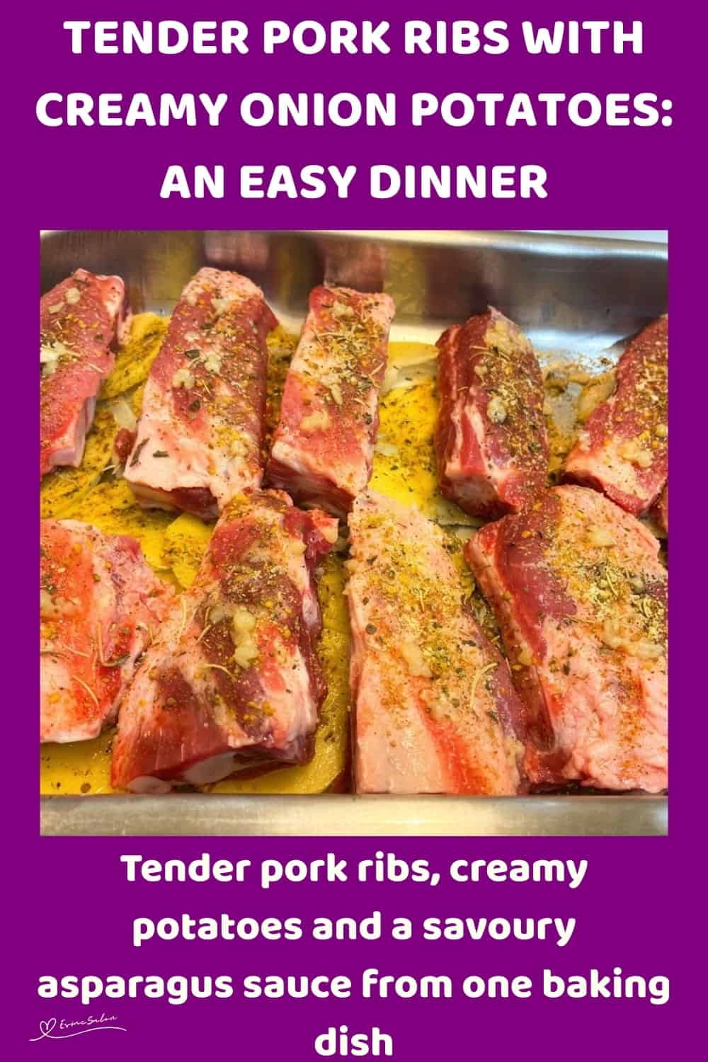 An image of pork ribs with Creamy Onion Potatoes in the making and served with broccoli