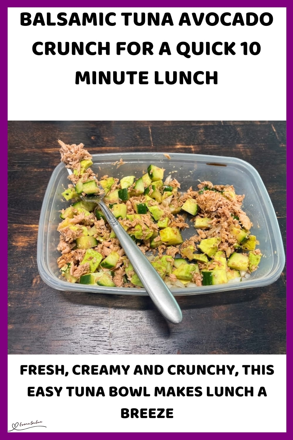 An image of a bowl of Balsamic Tuna Avocado Crunch, with tuna, onion, cucumber, avocado, and balsamic