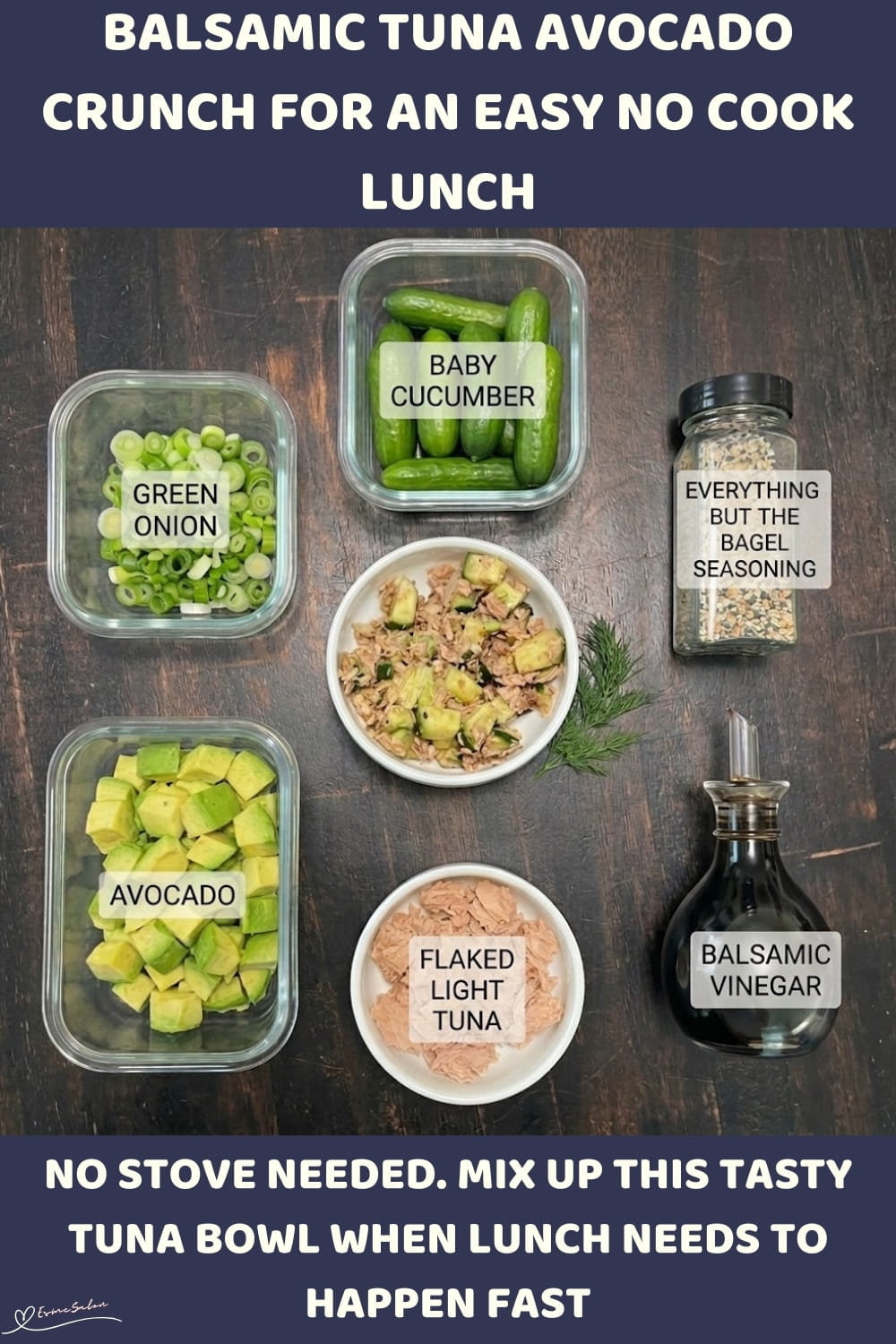 An image of a bowl of Balsamic Tuna Avocado Crunch, with tuna, onion, cucumber, avocado, and balsamic