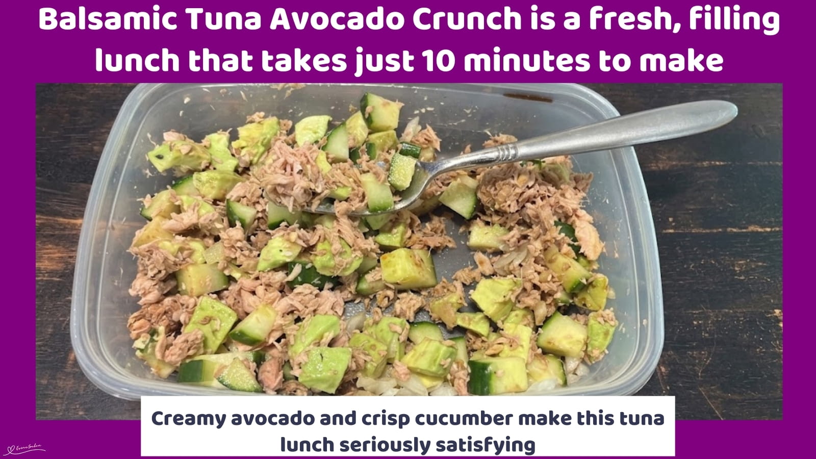 An image of a bowl of Balsamic Tuna Avocado Crunch, with tuna, onion, cucumber, avocado, and balsamic