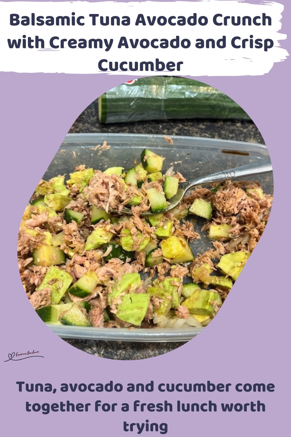 An image of a bowl of Balsamic Tuna Avocado Crunch, with tuna, onion, cucumber, avocado, and balsamic