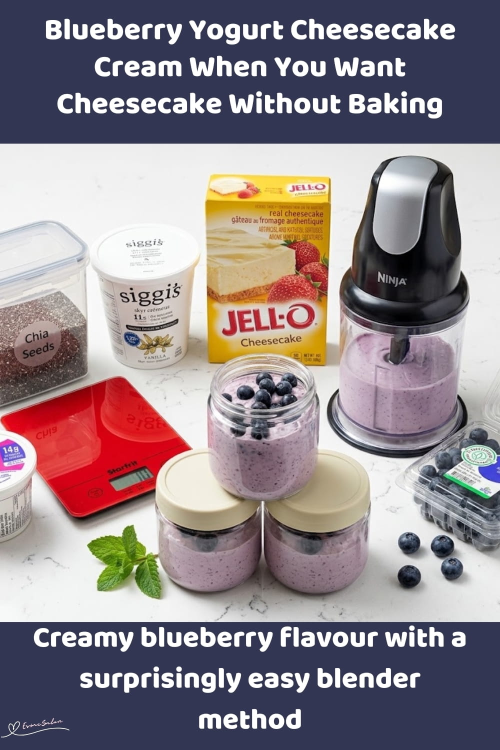 An image of 3 glass jars with Blueberry Yogurt Cheesecake Cream with Yogurt, Cottage Cheese and Jell-O powder