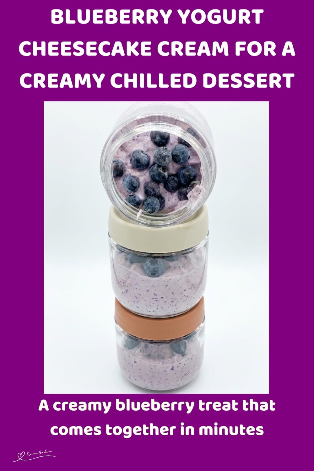 An image of 3 glass jars with Blueberry Yogurt Cheesecake Cream with Yogurt, Cottage Cheese and Jell-O powder