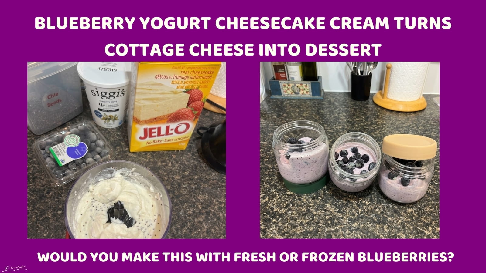An image of 3 glass jars with Blueberry Yogurt Cheesecake Cream with Yogurt, Cottage Cheese and Jell-O powder