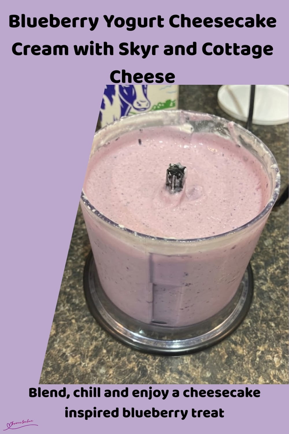 An image of 3 glass jars with Blueberry Yogurt Cheesecake Cream with Yogurt, Cottage Cheese and Jell-O powder