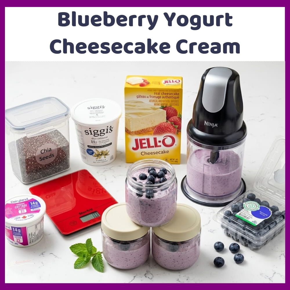 An image of 3 glass jars with Blueberry Yogurt Cheesecake Cream with Yogurt, Cottage Cheese and Jell-O powder