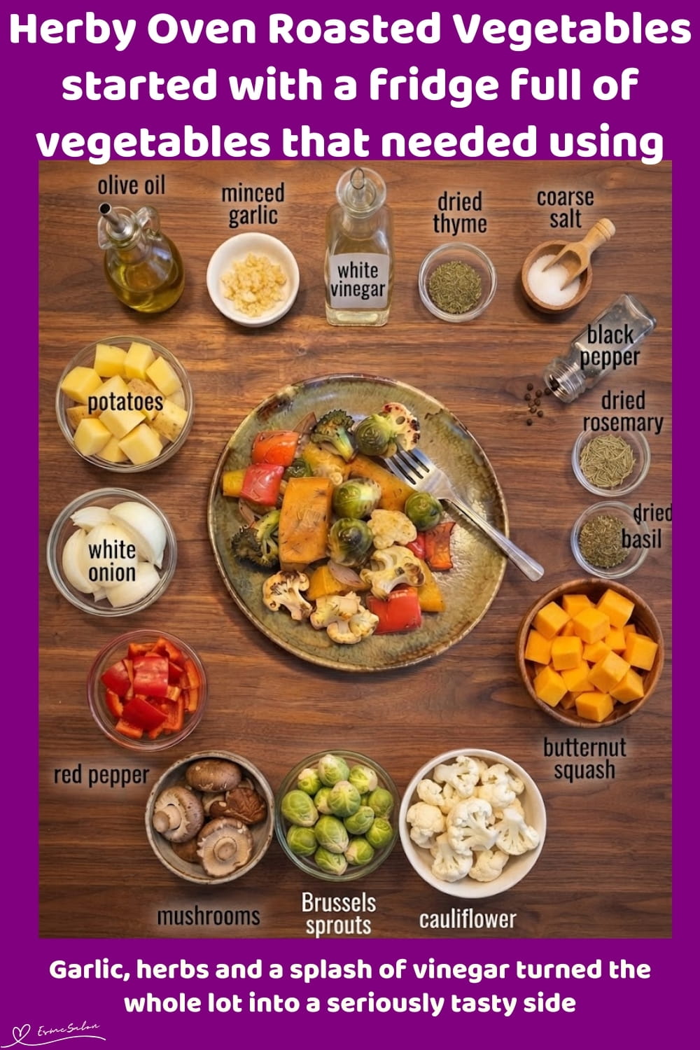 An image of a pan filled with oven-roasted vegetables: butternut squash, cauliflower florets, broccoli florets, Brussels sprouts, Mushrooms, Red pepper, white onion and potatoes
